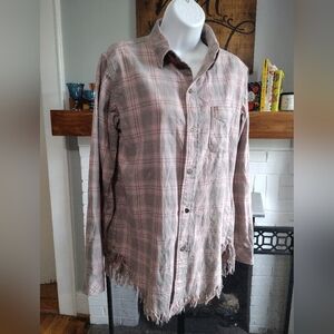 Current/Elliott Plaid Button Down Shirt, Pink And Gray w/ Fringe Bottom